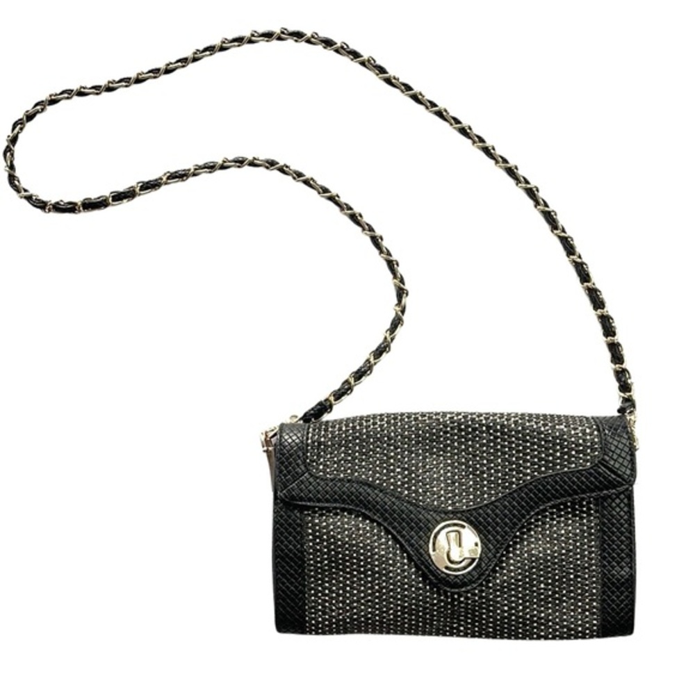 Urban Expressions Woven Vegan Black Leather and Straw Crossbody Wristlet Clutch